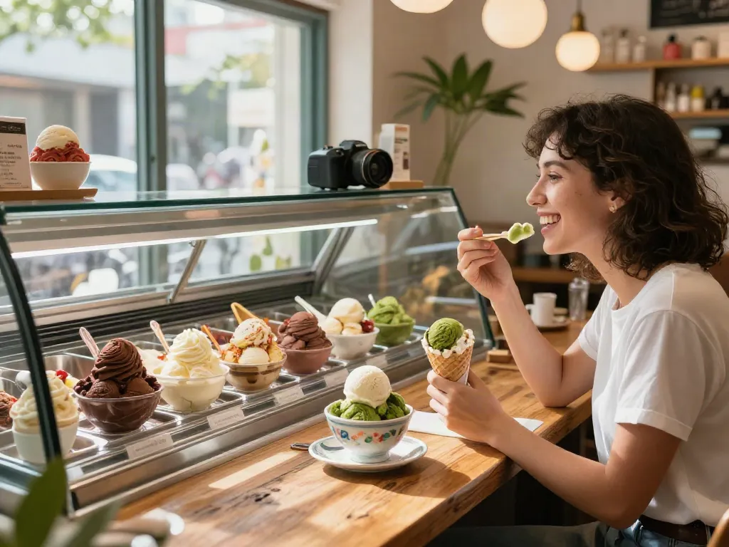 Indulge in ROKOK88's creamy ice cream flavors in a vibrant parlor.