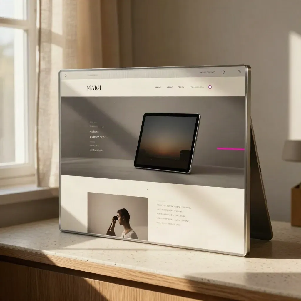 Prototipo fisico di sito web con pannelli sovrapposti, tablet spento e luce calda.