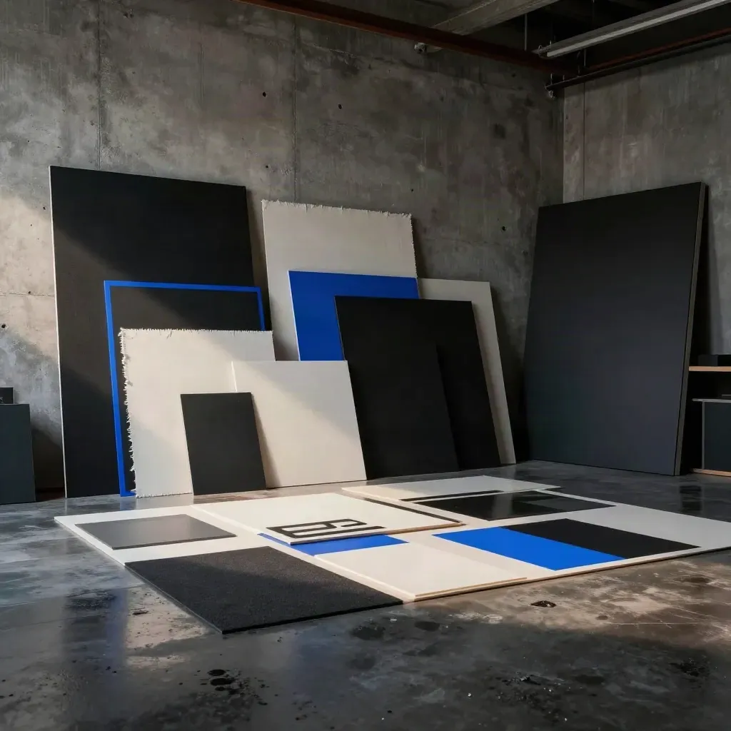 Set creativo milanese con lastre nere, tessuti grezzi e acetati, luce blu dopo il temporale.
