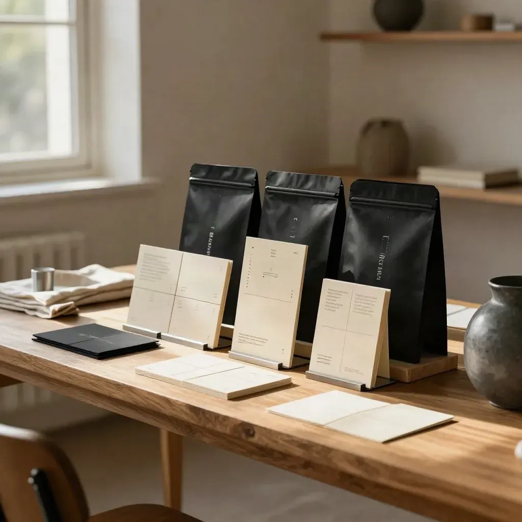 Vetrina di strategia di marca con packaging nero, carte coordinate e supporti modulari in atelier.
