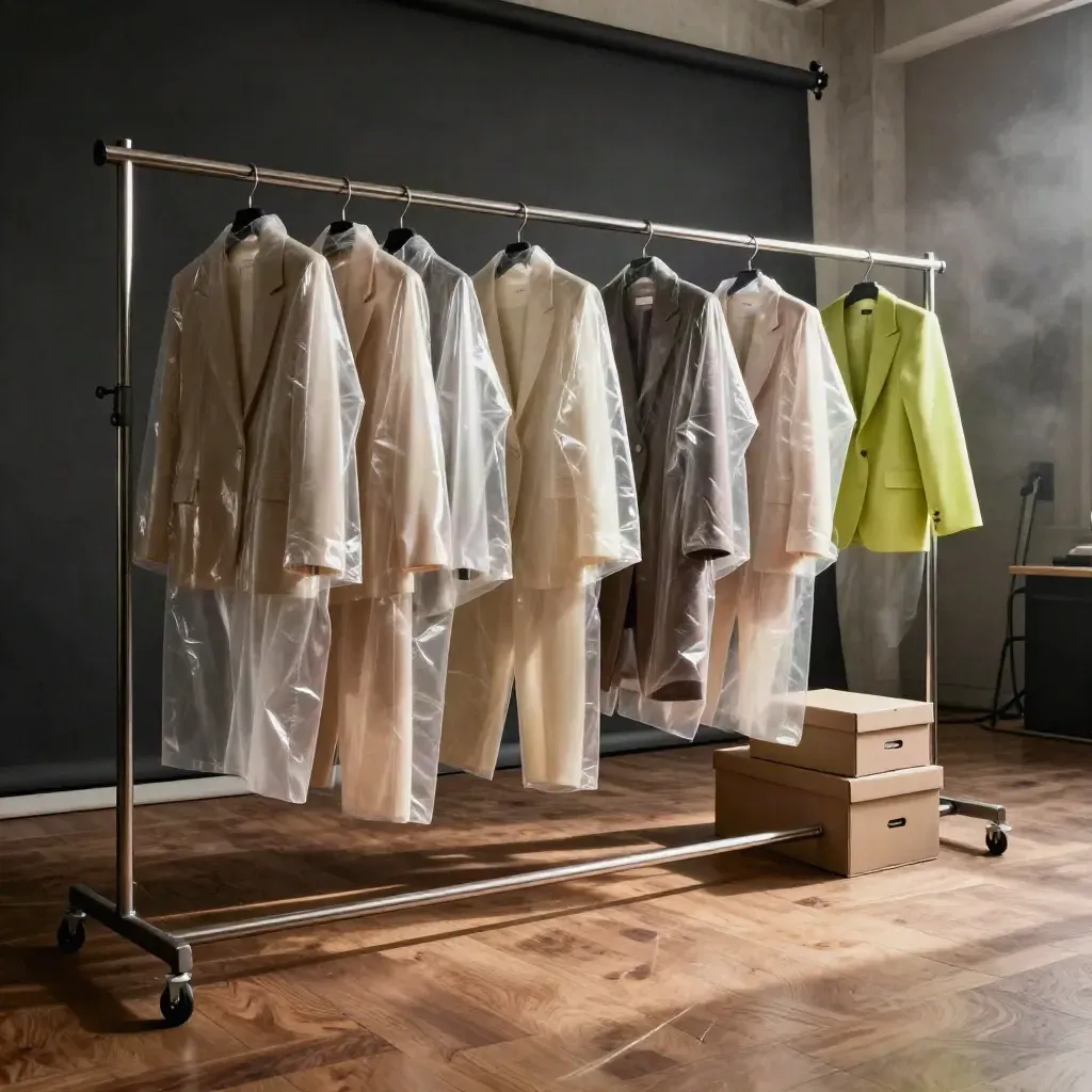 Rack moda per capsule launch con capi protetti, scatole neutre e dettagli lime in controluce.