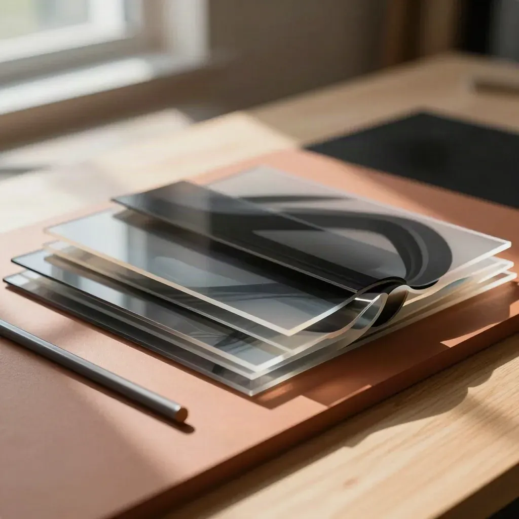 Strati di acetati neri e trasparenti, luce calda e vibrazione grafica da motion design.