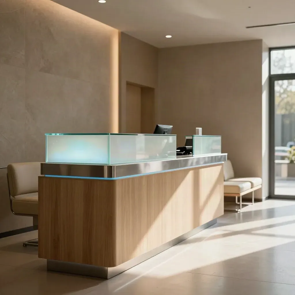 Reception finita di una clinica contemporanea con vetro opalino, sedute allineate e luce morbida.