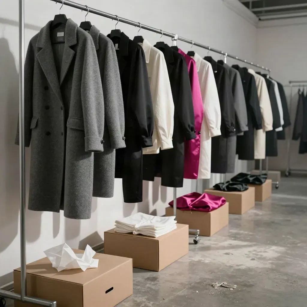 Rail quasi vuoto di capsule fashion con scatole aperte, carta velina e un accento fucsia.