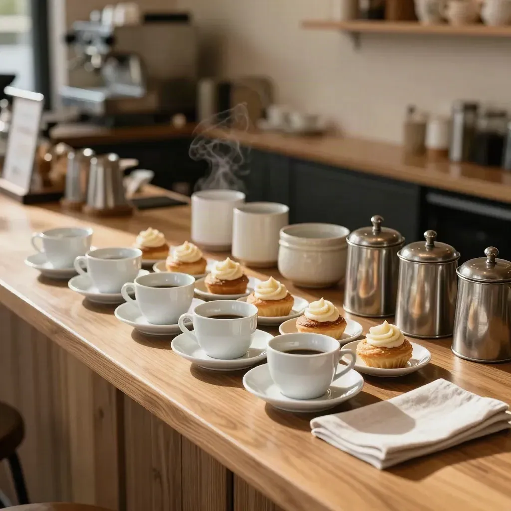 Bancone di caffetteria ordinato con tazze bianche, dolcetti e contenitori coordinati in luce calda.