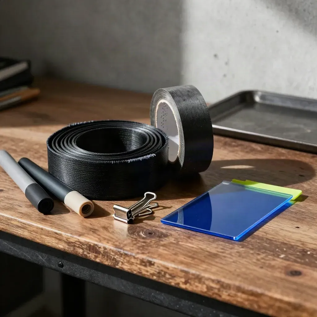 Kit creativo con nastro nero, tappi di pennarello, clip metalliche e plexiglass blu su banco di legno