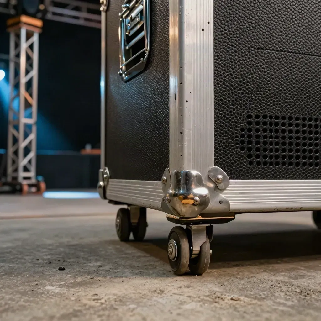 Dettaglio macro di flight case e luci da tour in un venue pronto per il concerto.