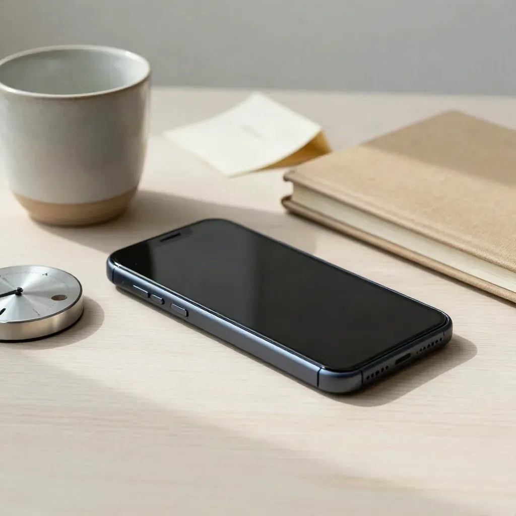 Telefono spento, tazza vuota, timer e taccuino chiuso su legno chiaro, luce morbida laterale.