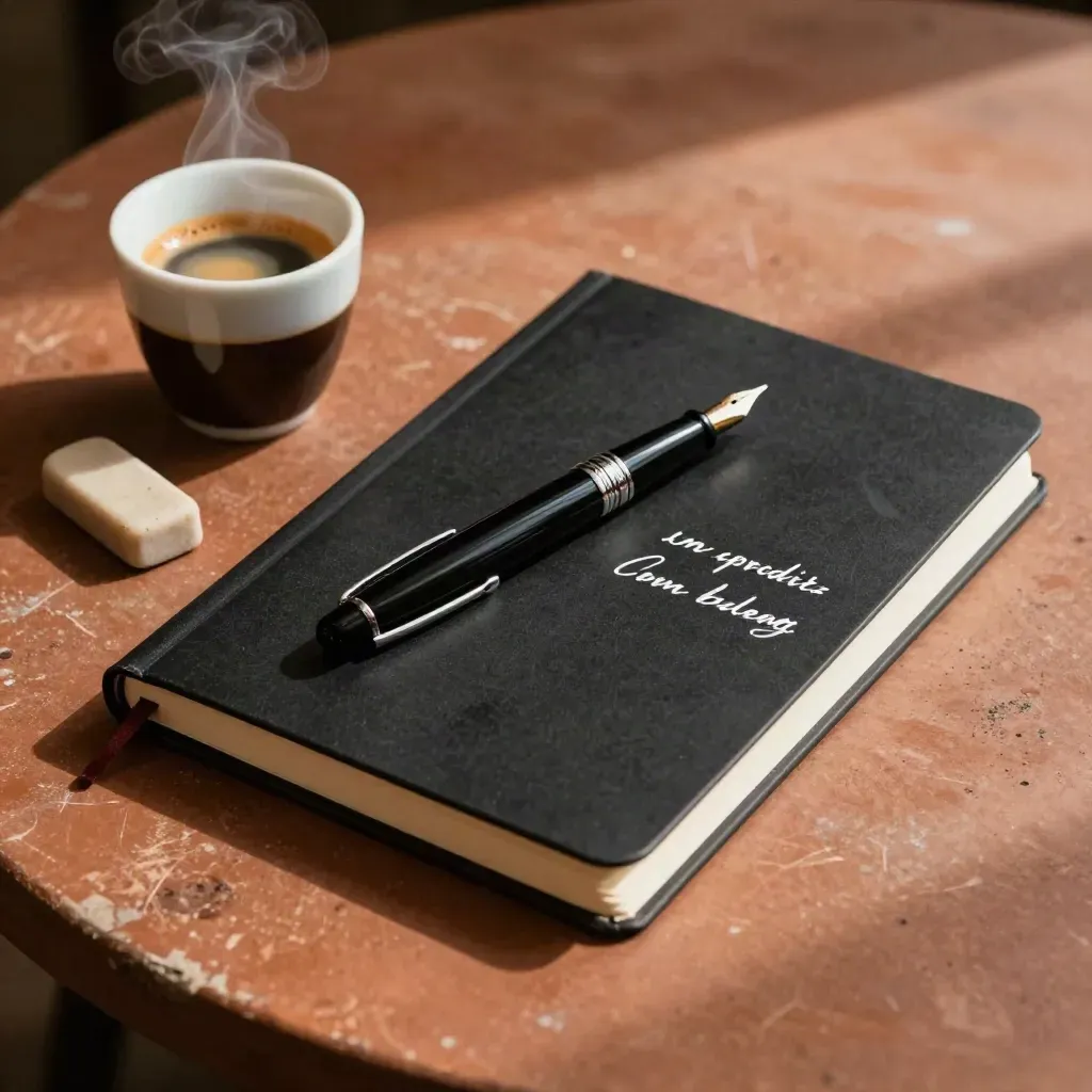 Taccuino chiuso, penna stilografica, espresso e gomma consumata su tavolo caldo da copywriter.