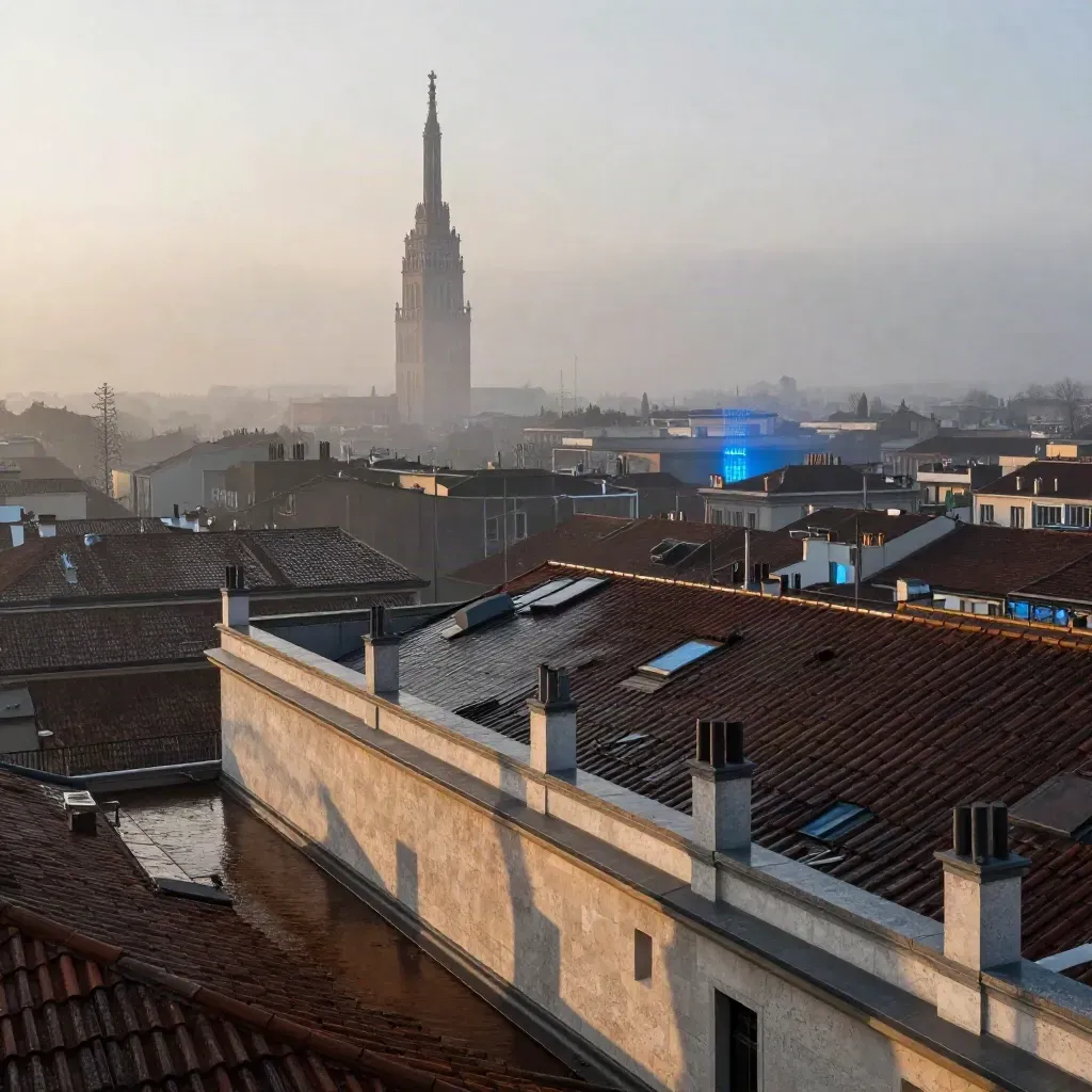 Milano all’alba con Torre Velasca, tetti bagnati e foschia urbana