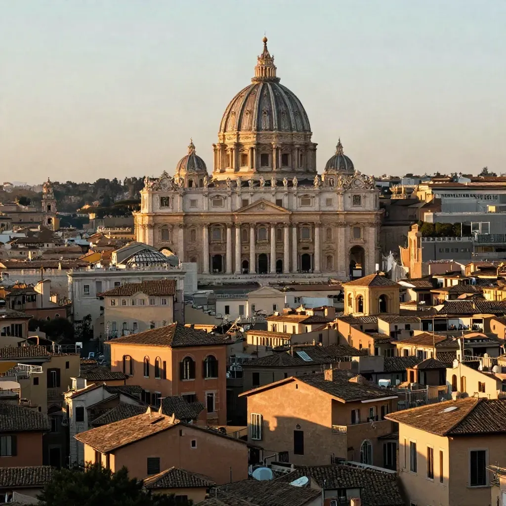 Roma al tramonto con San Pietro alta sui tetti in terracotta e foschia dorata.