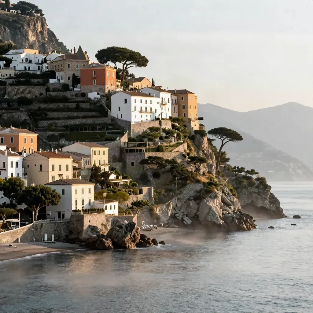 Costa italiana all’alba con borgo sul crinale, terrazze e mare velato di bruma